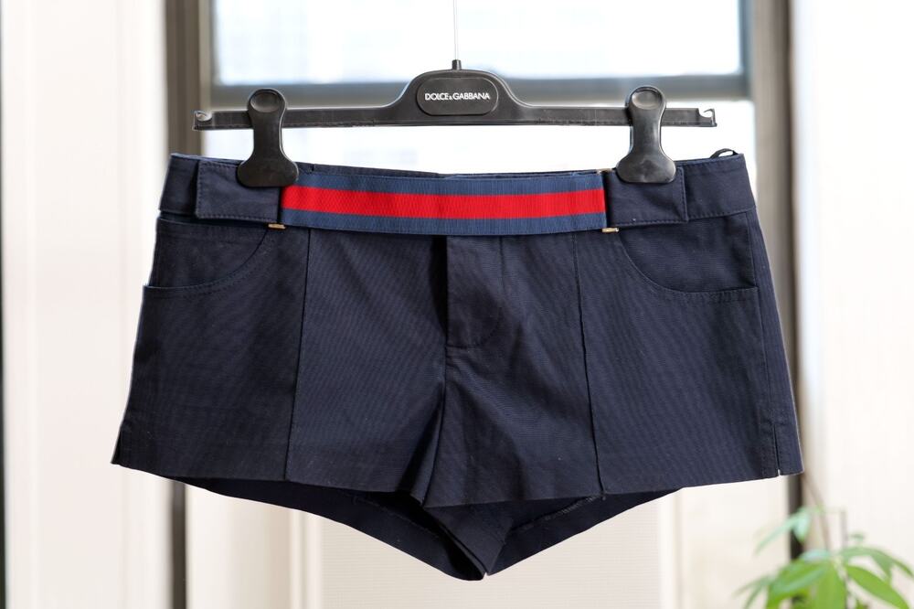 Gucci 2005 Navy Blue Red Web Stripe Low Rise Cotton Micro Hot Pants Shorts (42)